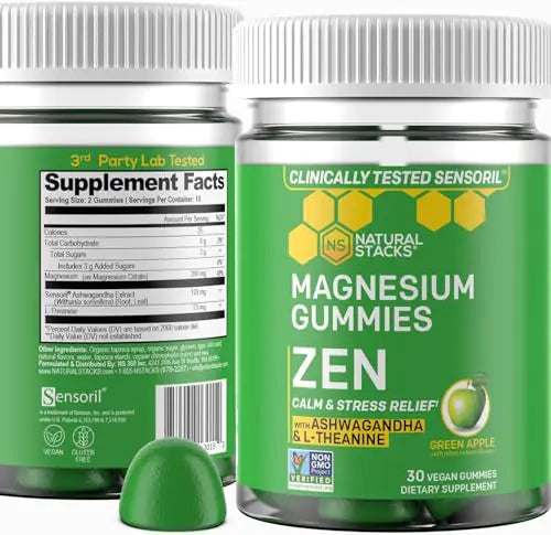 Zen Magnesium Gummies - Premium Sensoril Ashwagandha Gummies w/L-Theanine - Magnesium Citrate Gummies for Calm & Stress Support - Magnesium Supplement Gummies - 30 Green Apple Gummies