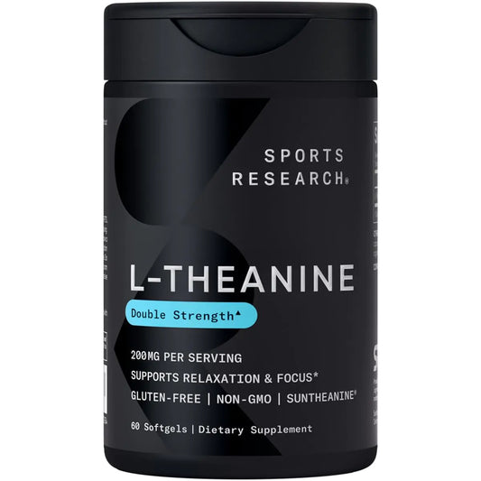 Sports Research Double Strength L-Theanine Supplement - Suntheanine Softgels for Focus Relaxation & Alertness - Non-Drowsy Support Made with Coconut Oil Non-GMO & Gluten Free - 200mg 60 Count