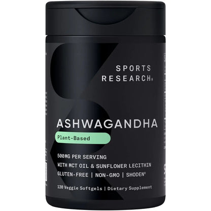 Sports Research® Ashwagandha Softgels with Coconut MCT Oil - Natural Ayurvedic Adaptogen Made with Shoden® Ashwa for Relaxation Calm & Sleep Support - Gluten Free & Vegan Friendly - 120 Count