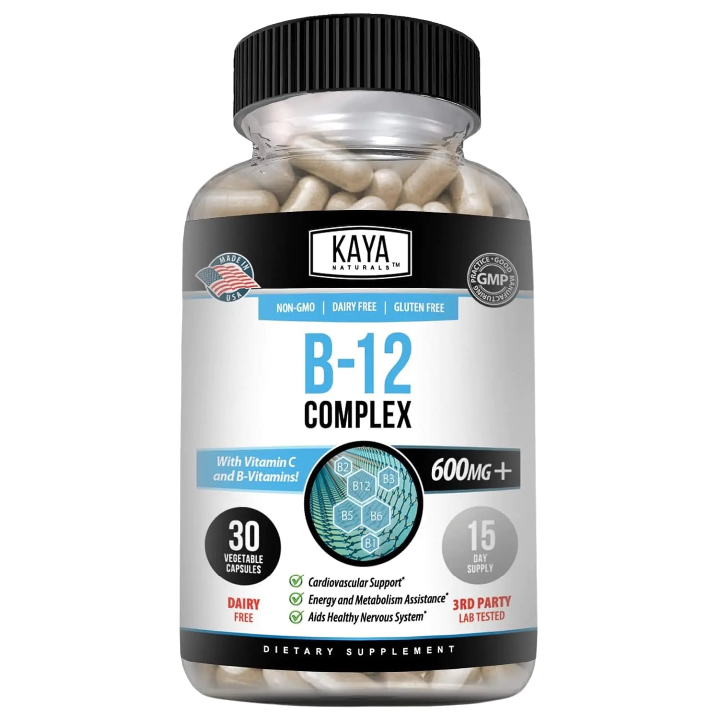 Kaya Naturals B-12 Complex | Multivitamin Supplement for Women & Men Energy and Metabolism Booster | B-Complex Vitamin with Biotin Choline Inositol Folate and Vitamin C - 30 Capsules