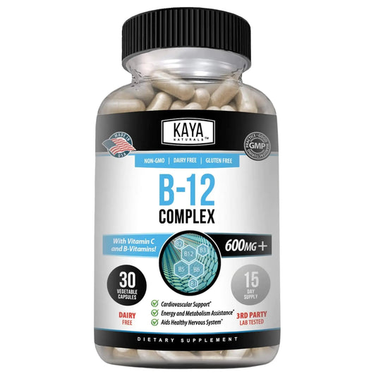 Kaya Naturals B-12 Complex | Multivitamin Supplement for Women & Men Energy and Metabolism Booster | B-Complex Vitamin with Biotin Choline Inositol Folate and Vitamin C - 30 Capsules