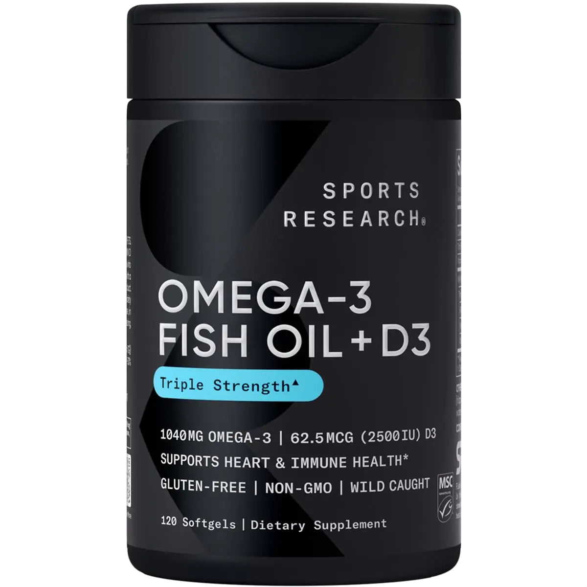 Sports Research Triple Strength 1040mg Omega-3 from Wild Alaska Pollock with Vitamin D3 2500iu | 2-in-1 Vitamin D & Omega DHA Fish Oil Supplement Supporting Heart Health - 120 Softgels