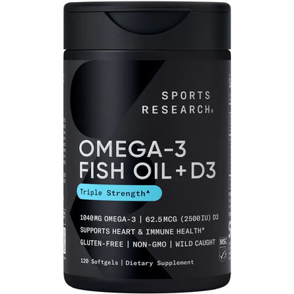 Sports Research Triple Strength 1040mg Omega-3 from Wild Alaska Pollock with Vitamin D3 2500iu | 2-in-1 Vitamin D & Omega DHA Fish Oil Supplement Supporting Heart Health - 120 Softgels