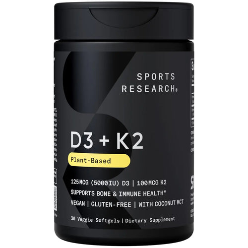Sports Research Vitamin D3 K2 with Coconut Oil | Plant Based Vitamin K2 MK7 + Vegan D3 5000iu for Bone & Immune Health | Vegan Certified Soy & Gluten Free - 30 Count Softgels