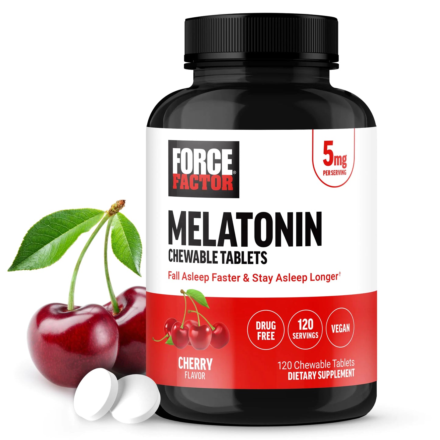 FORCE FACTOR Chewable Melatonin 5mg Drug-Free Supplement Vegan Non-GMO Cherry Flavor 120 Tablets